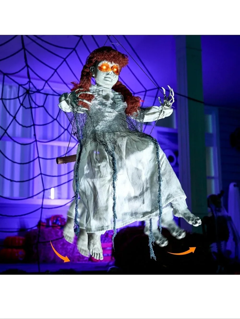 EUC LED Animated Halloween Red Haired Scary Swinging Haunted Zombie Girl!